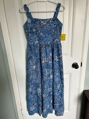 Blue Floral Midi Dress - Sleeveless Square Neck